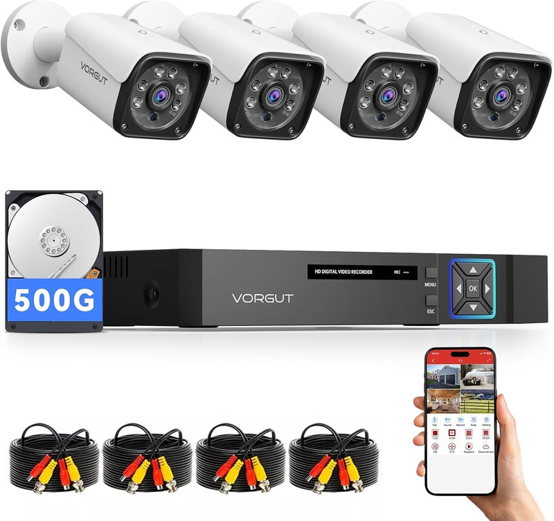 VORGUT Wired Security Camera System Outdoor, 4CH 5MP Lite AHD DVR with 500G Hard Drive, 4 x 3MP Wired CCTV Camera, Indoor/Outdoor Surveillance DVR Kit with Human Detection, Night Vision - Image 1
